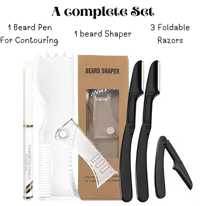 Adjustable Beard Shaper Template For Men- Kit With Flexible Beard Stencils, Barber Pencil & 3 Pcs Foldable Facial Razors, Style Beard As Per Your Face Shape (Beard Shaper - Transparent)