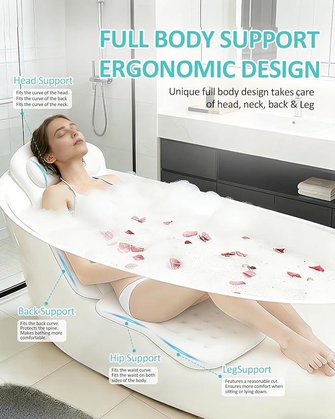 Full Body Bath Pillow for Bathtub, 5D Thick Tub Pillow for Bathtub with 192 Non-Slip Suction Cups, Laundry Bag & Hook, Bathtub Pillow for Head, Neck & Back Support (White, 51"*15")