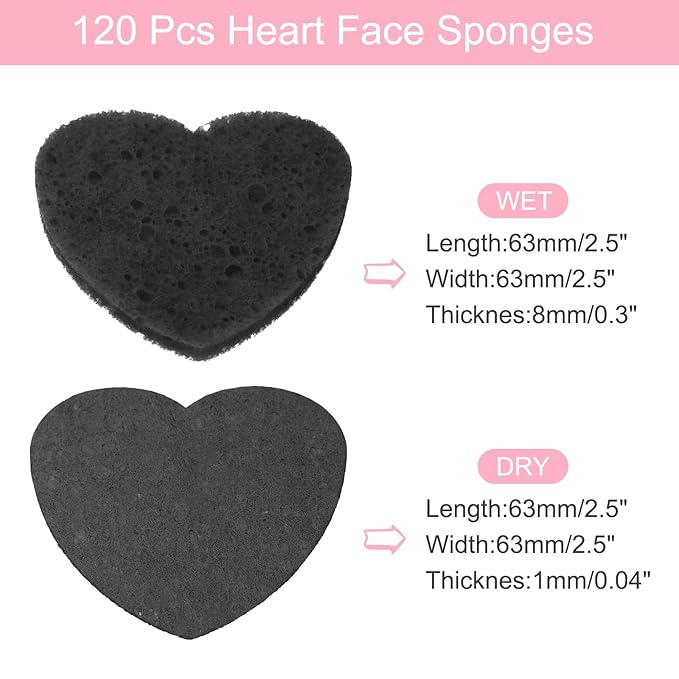 uxcell 120 Count Compressed Facial Sponges Heart-Shaped Face Cleansing Sponges Pads for Daily Skincare Routines at Home, Kitchen, Travel, Black