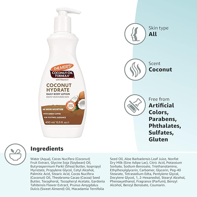 Palmer's Coconut Oil Formula Body Lotion for Dry Skin,Hand & Body Moisturizer with Green Coffee Extract & Vitamin E,Pump Bottle,13.5 Fl Oz,(Pack of 2)