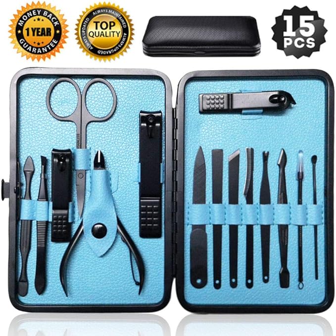 Nail Clippers Sets High Precisio Stainless Steel Nail Cutter Pedicure Kit Nail File Sharp Nail Scissors and Clipper Manicure Kit Fingernails & Toenails with Portable Stylish case (Blue 15-Piece)