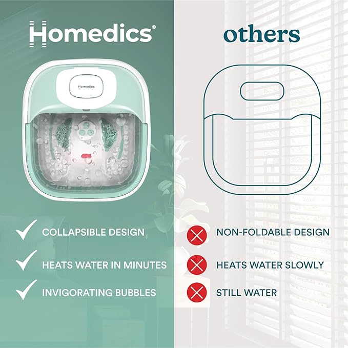 HoMedics Smart Space Elite Footbath with Heat Boost, Collapsible, Invigorating Bubble Massage, 3 Pedicure Attachments, Safe to Use Bath Salts, Patented Safety-Lock System, Ergonomic