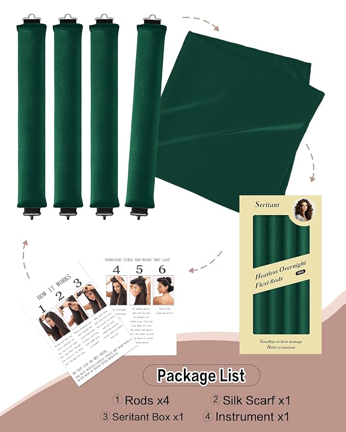 Heatless Curls Overnight with Satin Head Scarf, Velvet Hair Rollers for Blowout Look, No Heat Curling Rod for Long Thick Hair, Soft Sleep In Flexi Rods