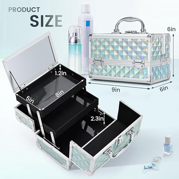 FRENESSA Makeup Case Portable Makeup Box Organizer Travel Cosmetic Case Storage with Mirror Locking Make Up Cases Organizers and Storage for Girls Nail Supplies Cosmetology Case Vanity Case Blue