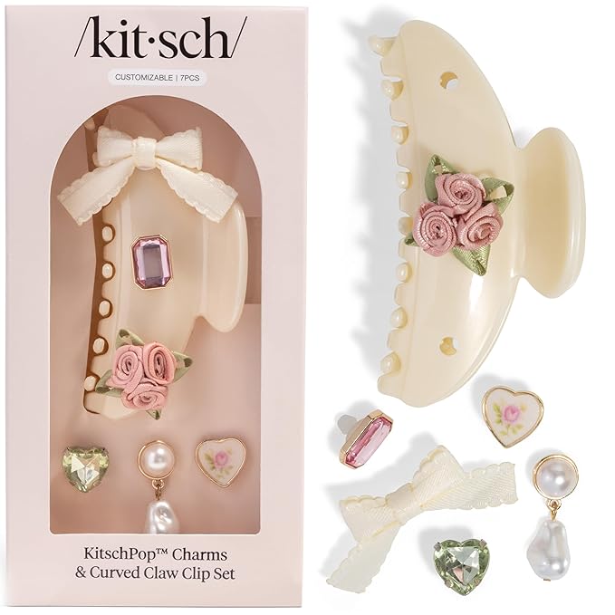 KitschPop ™ Hair Clips For Women with Charm Sets -Customizable Curved Claw Clip With Interchangeable Collectible Cute Charms | Ideal Gifts For Women - Vintage - Pearlized Cream, 7pcs Set