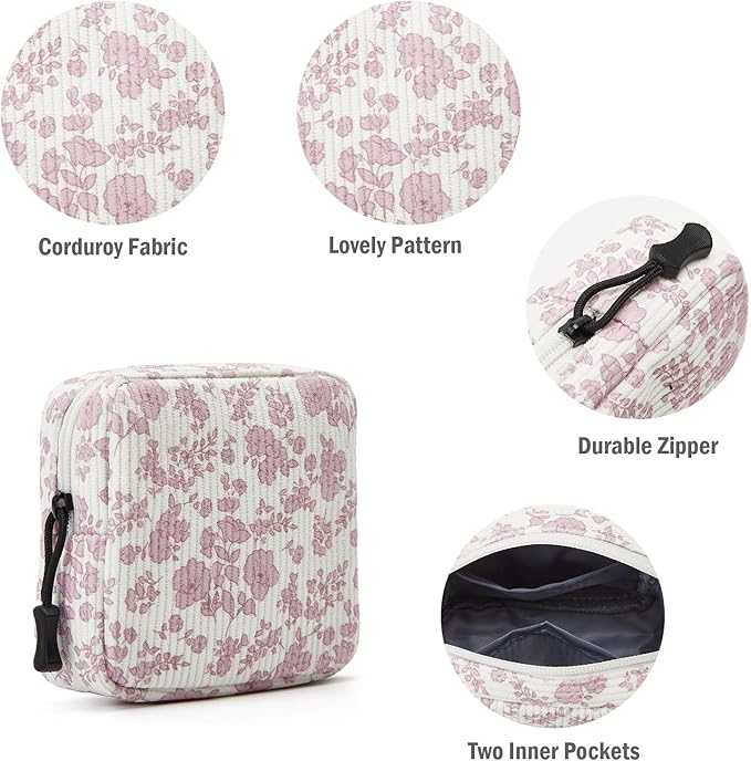 Small Makeup Bag for Purse,Mini Cosmetics Bag cute Zipper corduroy Cosmetic Pouch Storage Pouch Travel Toiletry Organizer for Women Girls(Plants Pink)