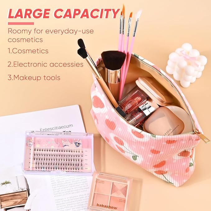 Cute Cherry Makeup Pouch for Women Red Heart Small Make Up Bag for Purse Zipper Initial Makeup Cosmetic Bags Pouches for Purse Aesthetic Travel Toiletry Bags, Pink Cherries Hearts
