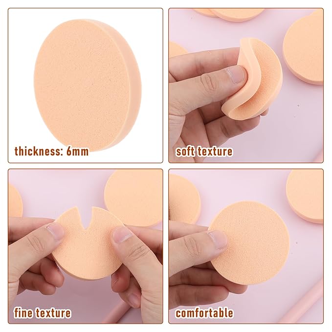 Jeffdad 12 Pcs Round Makeup Sponges, Facial Powder Puff Cosmetic Sponge Round Foam Pad Beauty Makeup Eye Foundation Powder Blender for All Skin Types Wet and Dry Dual Use(Skin Color)