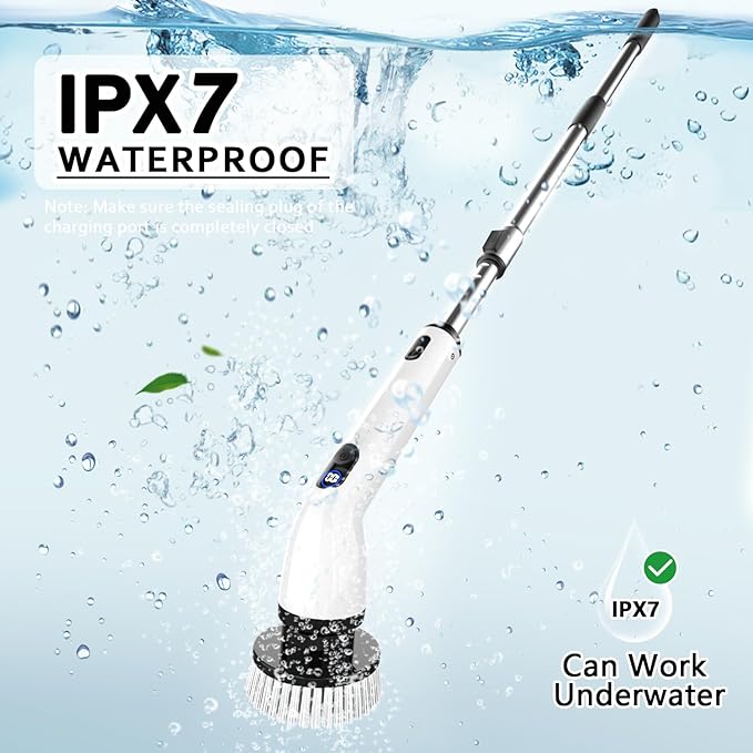 TUYU Electric Spin Scrubber, Full-Body IPX7 Waterproof Bathroom Scrubber with Power LCD Display, 8 Replacement Head, Adjustable Extension Handle, Cordless Shower Cleaner Brush for Bathtub Cleaning