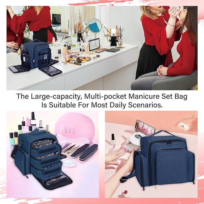 Nail Polish Organizer Storage Box, Holds 90 Bottles of Nail Polish, Portable Travel Case with 3 Separate Storage Bags, Can Be Used for Nail Art Supplies, Manicurists, etc Blue