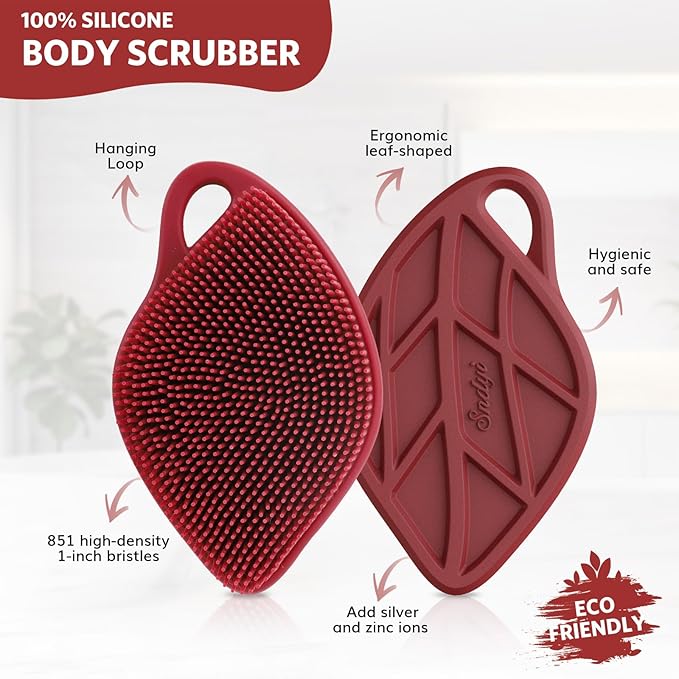 Sndyi Silicone Body Scrubber, Leaf-Shaped Shower Brush for Gentle Cleanse & Exfoliation, Soft Silicone Loofah Body Brush for Sensitive Skin, Romantic Gift for Her/Him, Festive Red