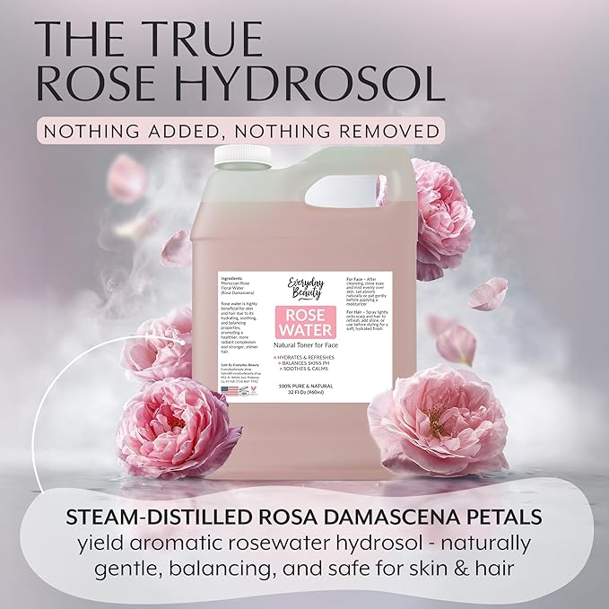 Rose Water Facial Toner - 32oz Bulk Alcohol-Free Vegan All Natural Refreshing for Face and Hair - Uplifts, Calming & Soothing for All Skin Types (Pack of 2)