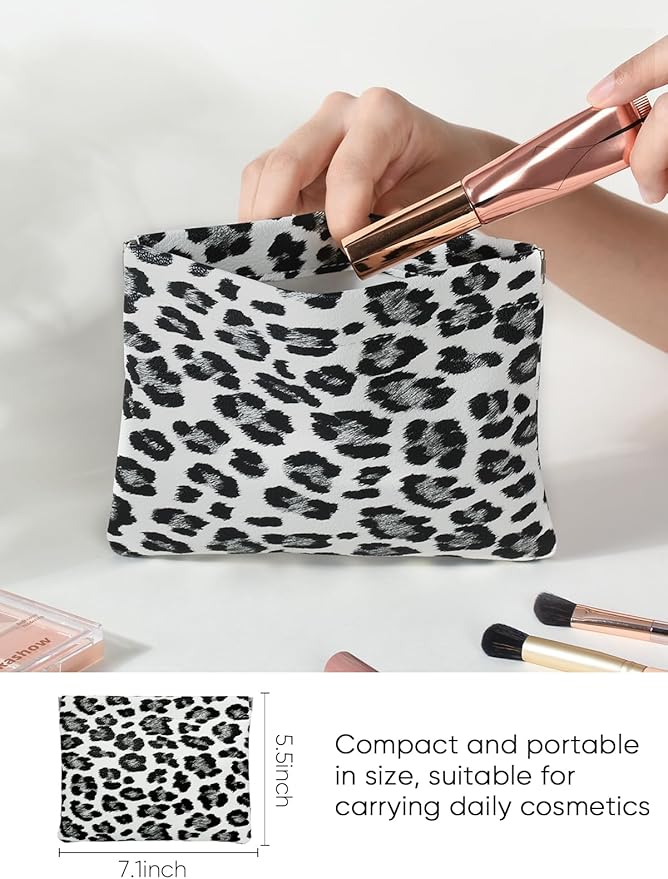 Leopard Leather Small Makeup Pouch for Women,Cosmetic Accessories,Waterproof and Portable Cosmetic Bag,Self-closing, No Zipper, Aesthetic Storage Pouch,Lipstick for Purse,White Black