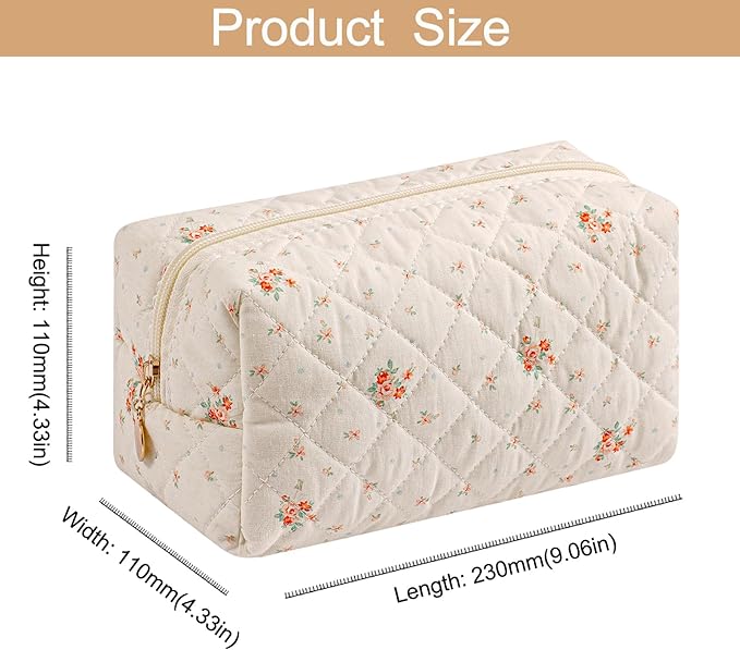 Makeup Bag Travel Cosmetic Bag for Women Girls, Zipper Make Up Pouch, Floral Flowers Toiletry Organizer Makeup, Portable Storage Cosmetic Travel Cloth Bag (Pink+White Small Flower)
