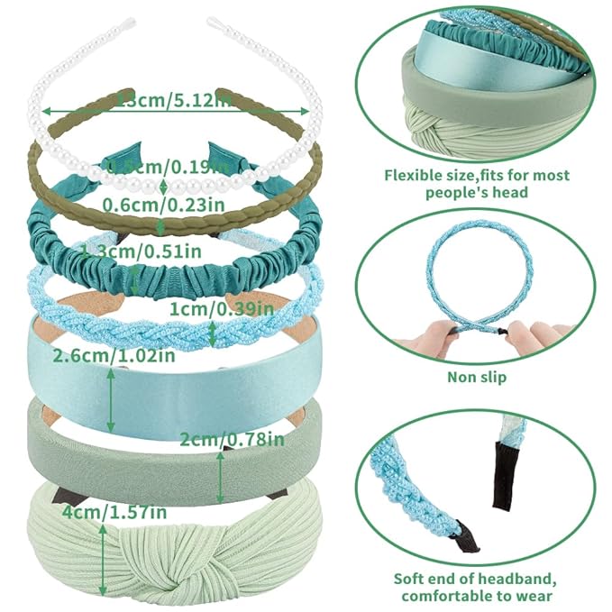 AHONEY 7 Pack Turquoise Headbands for Girls Women Headbands Trendy Non Slip Hairbands Cute Hair Accessories Multi-style Headband Pack Diademas Para Mujer