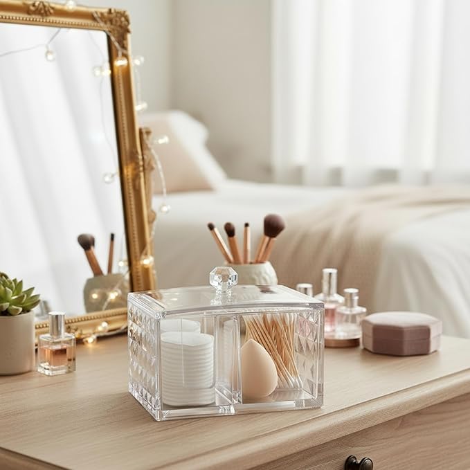 Cotton Swab Holder - Compact Bathroom Canister with Lid and 3 Compartments for Organizing Cotton Ball, Swab, Pad - Acrylic Bathroom Jar Compatible with Q Tips Cotton Swab