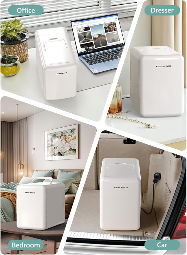 KEENSTAR Mini Fridge, 6 Liter/8 Can Small Fridge, 110V AC/ 12V DC Cooler and Warmer for Bedroom, Cosmetics, Office, Dorm and Car, Portable Personal Refrigerator for Cosmetics, Skincare and Food
