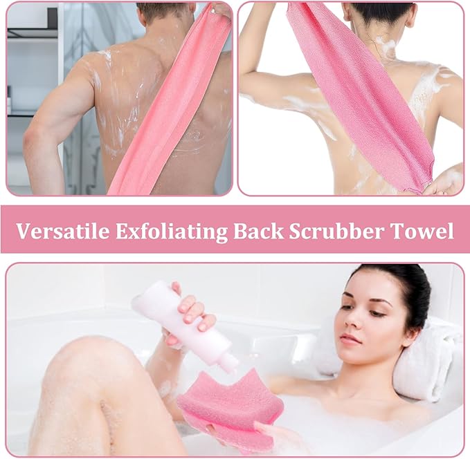 7 Pcs Exfoliating Back Scrubber with Handles, Nylon Back Exfoliator Extended Length Back Washers Scrubbers, Stretchable Exfoliating Washcloth Pull Strap Shower Scrubber for Body Cleans Skin Massages