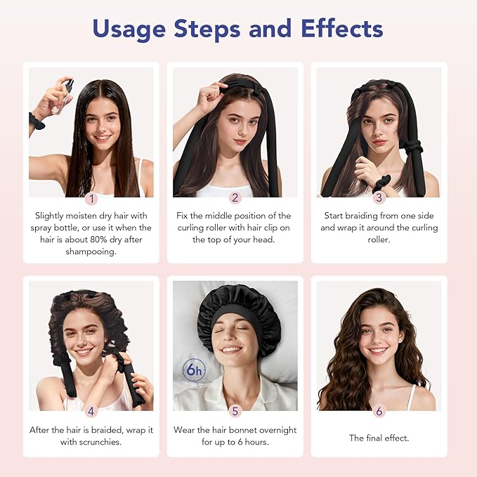 LitBear Heatless Curls Overnight, 2 Sizes of Soft Hair Rollers for Women with Bonnet to Sleep In, No Heat Hair Curlers Set with Scrunchies and Clips, for Long and Medium Hair (Black)