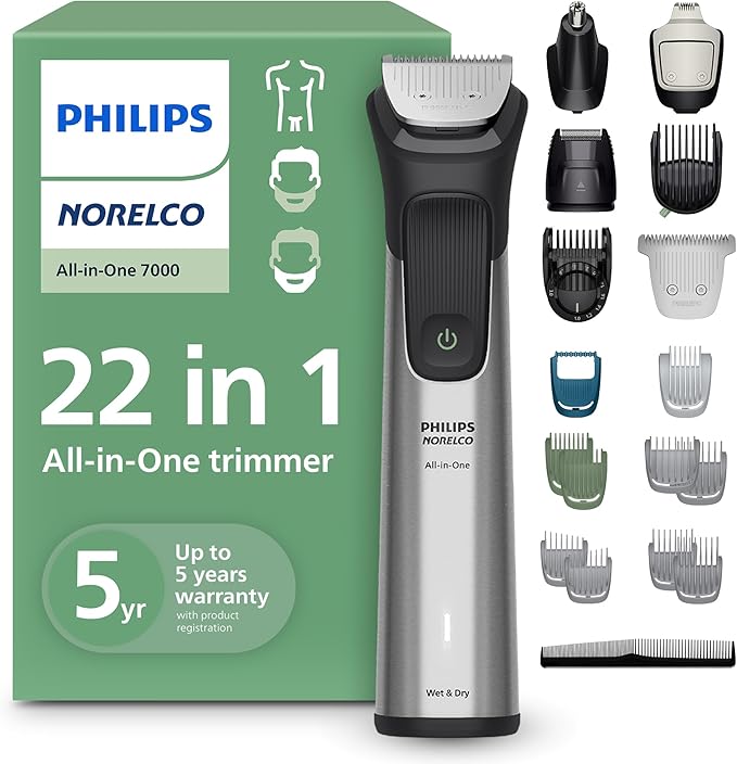 Norelco Philips All-in-One 7000 Series 22-Piece Trimmer - Electric Shaver and Clipper for Face, Beard, Head & Body, Self-Sharpening Full Metal Blades, 28 Length Settings (0.5-16 mm), MG7975/49