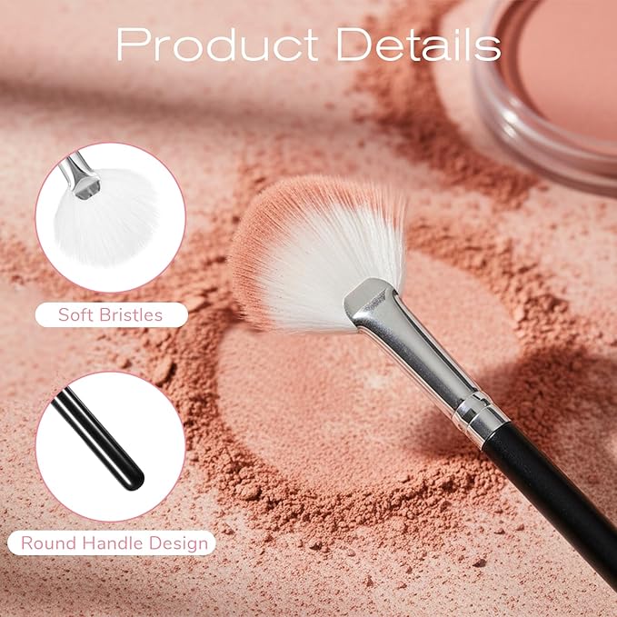 2PCS Highlighter Brush Fan Brush for Face Highlighting, Buffing and Blending With Powder Cream, Professional Blush Brush, Blusher Highlighter Applicator, Soft Vegan Synthetic Makeup Tool