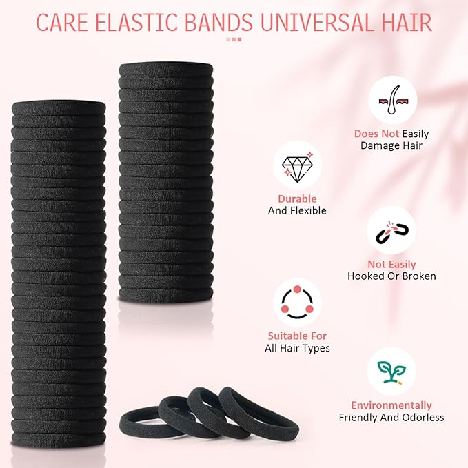 100PCS AOHIEDI No Damage Hair Ties for Women Girls, Elastic Hair Bands for All Hair Types, Thick or Thin, Ponytail Holders are Easy to Remove and Don't get Tangled, Upgrade, Black