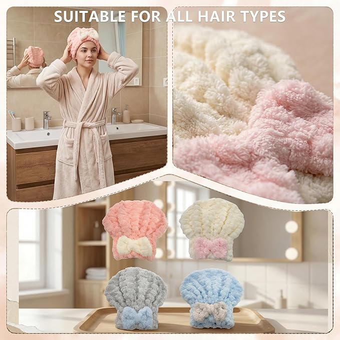 Microfiber Hair Towel 4-Pack, Fast Drying Hair Turban with Bow for Women - Soft Absorbent Hair Wraps, Shower Cap, Gray Pink Blue White