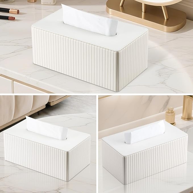 KINGFOM PU Leather Tissue Box Cover Rectangular Tissue Box Holder with Magnetic Bottom, Napkin & Facial Tissue Holder Dispenser for Home, Office for Standard 120-count/160-count (2-Ply) White Stripe