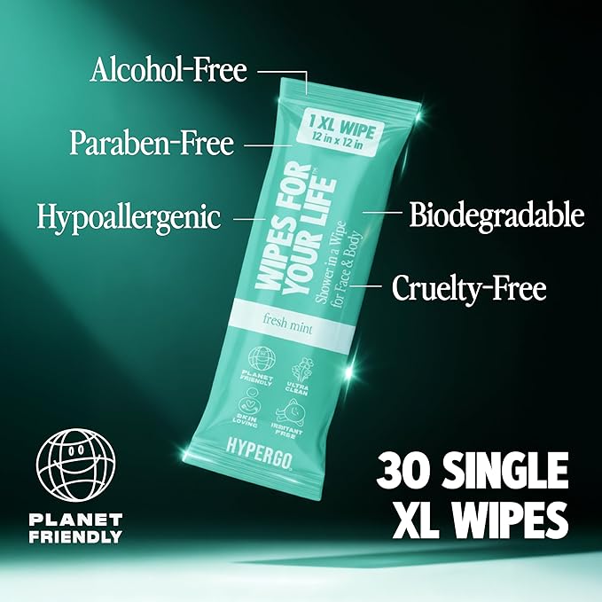 HyperGo XL Single Body Wipes for Women & Men – 12" x12" Rinse-Free Full Body Cleansing 10 Count Pack - Variety | Biodegradable, Hypoallergenic, Aloe-Infused | Gym, Festival, Camping Essentials