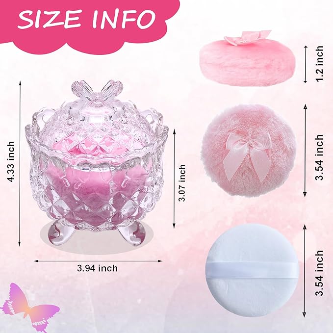 5 Pieces Large Body Powder Puff and Powder Container, Crystal Case for Dust Puff, Powder applicator with Box for Face and Body (Clear, Butterfly)