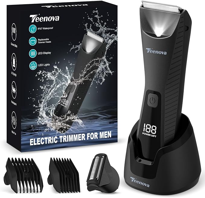 Pubic & Body Hair Trimmer for Men, 2 In 1 Electric Ball Groin Razor Shaver with Ceramic Blade, No Nick Mens Grooming Kit for Wet/Dry Use, Cordless Charging Body Groomer with Led Display, Black