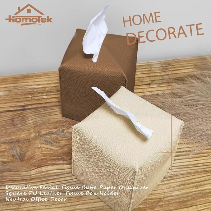 HOMOTEK 2 Pack Tissue Box Cover, Square PU Leather Tissue Holder, Decorative Facial Tissue Cube Paper Organizer Dispenser for Bathroom, Night Stands, Desk, Car 5X5X5'' - Dark Gray, Pebble Grain