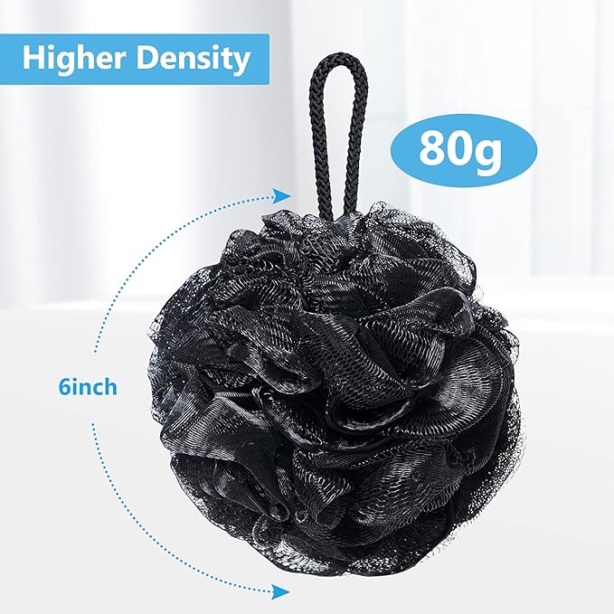 VANZAVANZU Bath Loofah Large 80g Shower Sponge Body Scrubber Mesh Pouf for Men and Women, Set of 4 (Black)