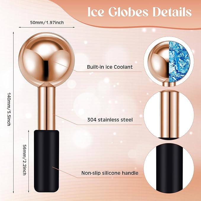 Baderke 2 Pcs Ice Globes for Face Stainless Steel Cooling Globes Unbreakable Cooling Roller Women Ice Balls Cryo Sticks Facials Skin Care for Dark Circles, Puffiness(Rose Gold (Black Handle))