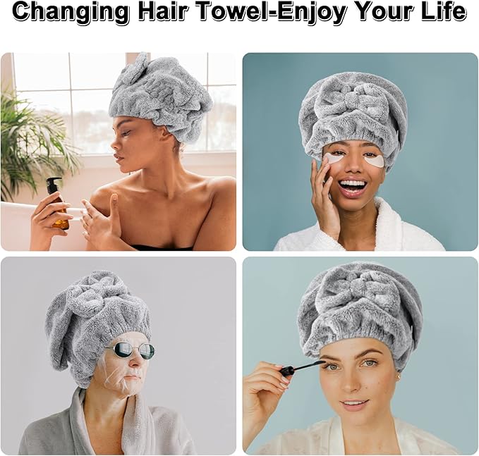 2 Pack Microfiber Hair Towel Cap, Quick Drying Cap Soft Absorbent Towel and 2 Combs for Curly Long Thick Dry or Wet Hair (Stripe and Gray)