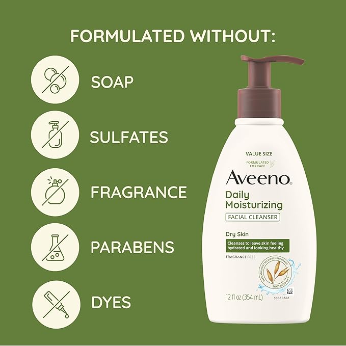 Aveeno Daily Moisturizing Facial Cleanser for Dry Skin,Gentle Face Cleanser with Soothing Oat for Skin that Feels Soft & Supple,Removes Dirt,Oil and Impurities,Fragrance Free,12 FL OZ,(Pack of 2)