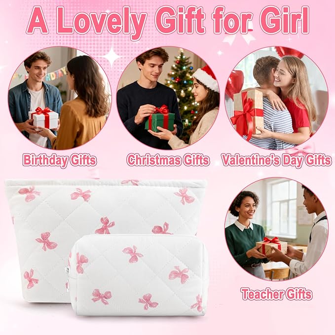 2Pcs Small Makeup Bag Quilted Cosmetic Bag Flower Pencil Case Travel Makeup Bag Set for Women Cute Cosmetic Pouch Aesthetic Cotton Toiletry Organizer Storage Bags Puffy Zipper Pouch Christmas Gifts D