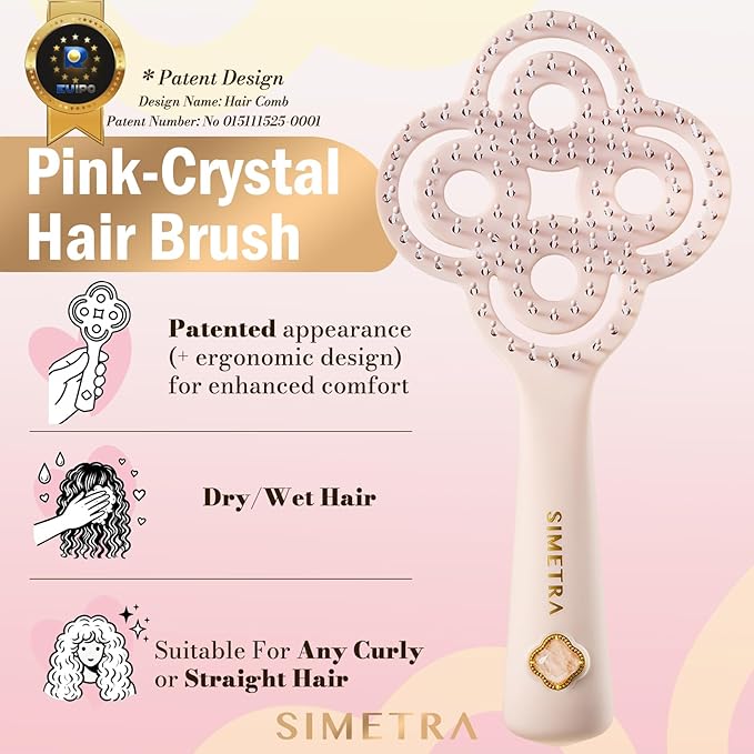 Simetra Detangler Hair Brush for Woman and Men, Original Detangling Brush for Curly Hair/Fine &Thick/Wet & Dry Hair, Flexible Bristles Hairbrush - Natural Crystal Inlay & 14K Gold Plating