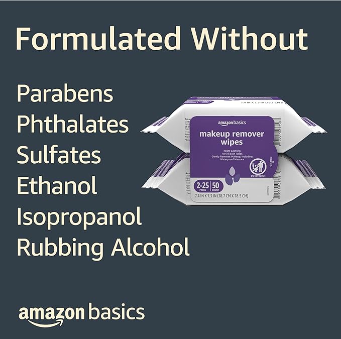 Amazon Basics Makeup Remover Wipes, Gentle Cleansing, Dermatologist Tested, Night Calming, Plant Based, Alcohol-Free, Removes Waterproof Mascara, 25 Count Per Pack, Pack of 2