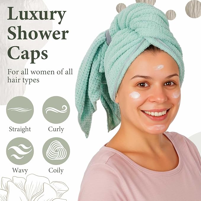 4 Pcs Microfiber Drying Hair Wrap Towels Reusable Waterproof Shower Cap with Elastic Band Adjustable Silk Hair Bonnet for Sleeping with Scrunchie for Women Christmas Favor Gifts(Green)