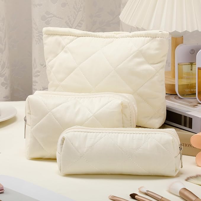 Paterr 3 Pcs Quilted Makeup Bag Set Small Bridesmaid Cosmetic Bag Aesthetic Travel Toiletry Pouch Cute Purse Pencil Case Makeup Storage Organizer for Women Birthday Gifts(Cotton,Beige)