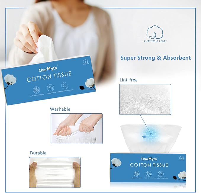 Extra Thick Disposable Face Towel, Disposable Makeup Removing Wipes, 100% USA Cotton and 100% Organic & Cruelty Free, Lint-Free Cotton Tissues for Sensitive Skin 100 Count