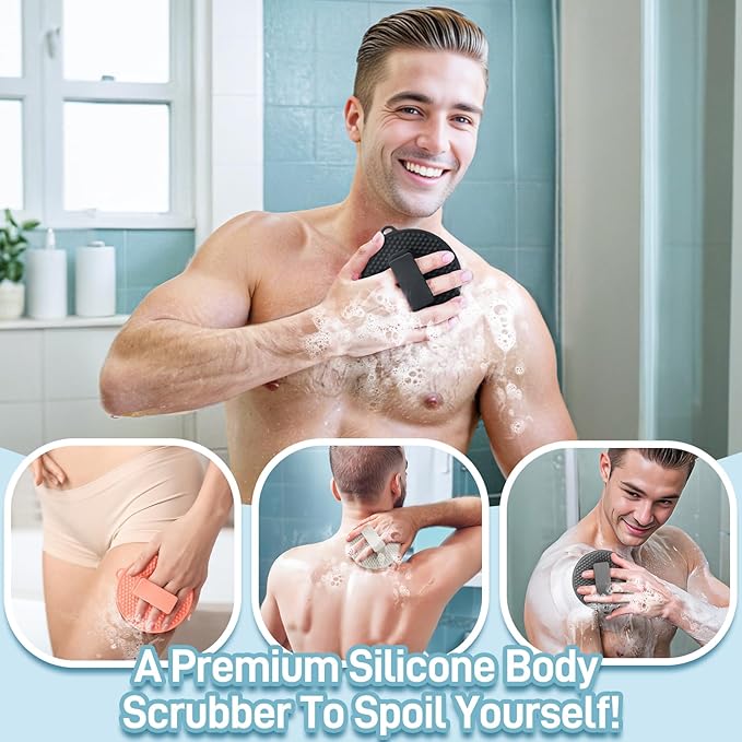 Upgrade Silicone Shower Foot Scrubber Mat & Silicone Body Scrubber Set, Large Wall-Mounted Back Scrubber Back Washer to Clean, Exfoliate and Massage Without Bending(Gray+Body Scrubber)
