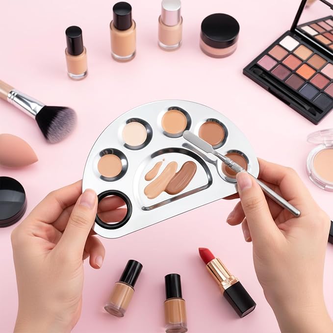 2 Set Makeup Palette Tray with Spatula, Makeup Mixing Palette Professional Cosmetic Palettes Tray Stainless Steel Cosmetic Artist Tool for Mixing Foundation Eye Shadow Eyelash Nail Art