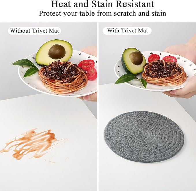 SHACOS 8 Inches Trivets for Hot Dishes, 4 Pieces Heat-Resistant Trivets Mats for Kitchen, Cotton Pot Holders for Hot Pots and Pans, Hot Pads for Countertops and Table, Gray and Light Gray (Pack of 2)