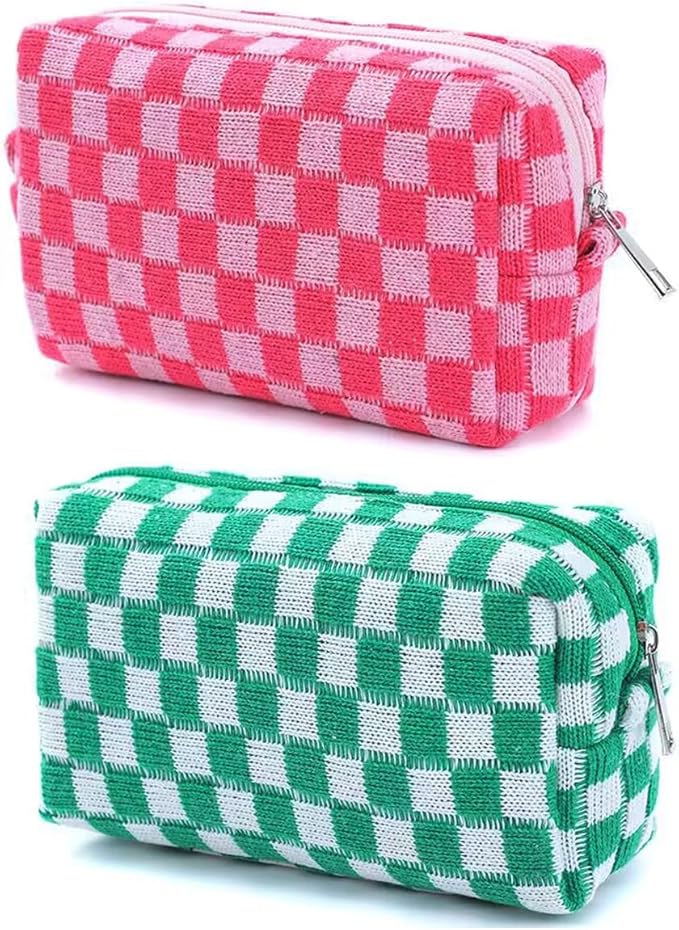 SxoSyo 2 Pcs Cosmetic Bags for Women Checkered Makeup Bag Purse Travel Toiletry Zipper Storage Pouch Make up Brushes Organizer for Gifts (Checkered, green & pink)