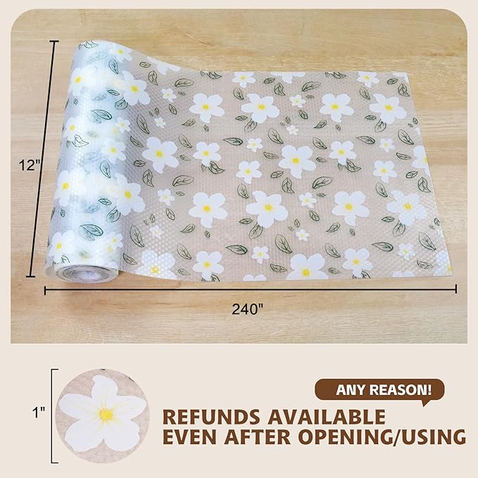 Drawer and Shelf Liner for Kitchen Cabinet,Non-Adhesive EVA Waterproof Drawer Liner for Dresser & Bathroom Vanities with Cutting Tool(12 in X 30 Ft White Cherry Blossom)