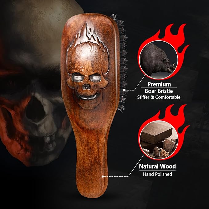 Eagle Fortress Boar Bristle Hair Brush for Men Hair Care - Beard Brush, Mustache Brush with Skull on Wooden Handle, Grooming & Styling Tool for Men, Standard Size