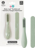 ezpz Baby-Led Toothbrush + Tongue Depressor Dual Pack (Sage) - 100% Silicone Toothbrush + Silicone/Stainless Steel Tongue Depressor - Helps Set-up Infants for a Healthy Oral Care Routine