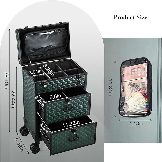 Adazzo Professional Rolling Makeup Train Case with Drawers, Makeup Case on Wheels, Nail Tech Rolling Cart Storage Organizer Trolley Make up Case for Travel Makeup/Nail Art/Hair Styling, Dark Green
